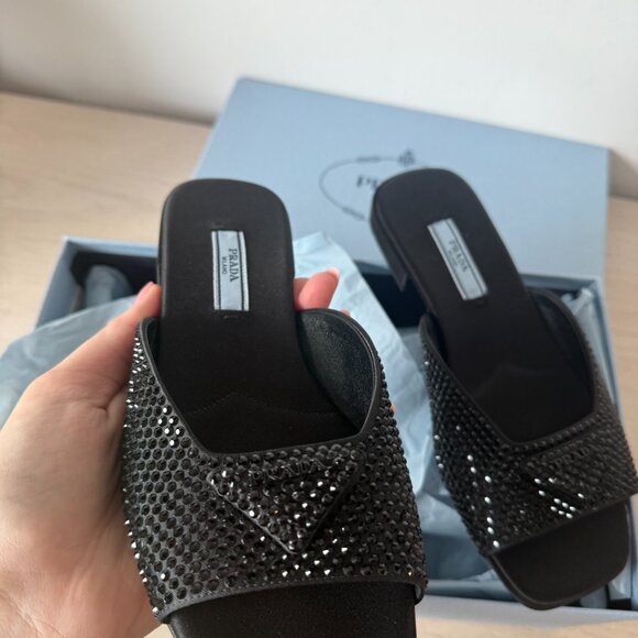 NWT Prada Slide Sandals Black Satin Crystal Embellishment Allover Triangle Logo - Picture 6 of 12
